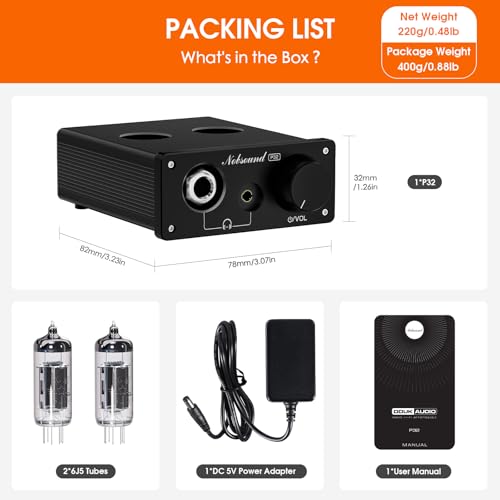 Nobsound P32 Tube Headphone Amplifier: 1000mW HiFi Desktop Preamp for 24–600Ω Headphones & Home Amps Speakers, 3.5mm/6.35mm Jacks, Swappable Tube & Op-Amp