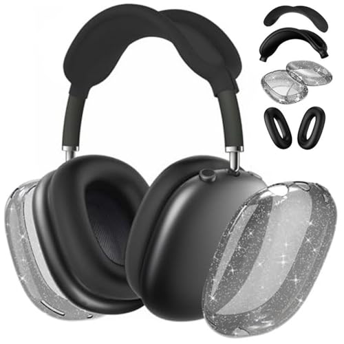 fomissky-sisa 4 in 1 AirPods Max Case Glitter Headphone Covers, Black | Clear TPU Ear Cup Covers, Soft Silicone Earpads + Headband Cover Set, Scratch-Proof Protective Headphone Accessory Gift - color: Black