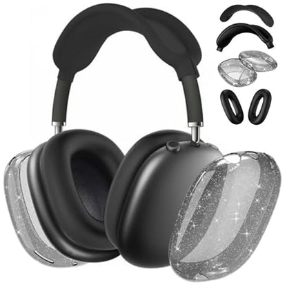 fomissky-sisa 4 in 1 AirPods Max Case Glitter Headphone Covers, Black | Clear TPU Ear Cup Covers, Soft Silicone Earpads + Headband Cover Set, Scratch-Proof Protective Headphone Accessory Gift - color: Black