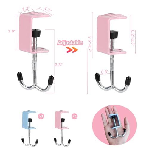 2Pcs Adjustable Purse Hooks Multi-Use Purse Hanger for Table & Desk | 100Ib Capacity Heavy-Duty Alloy Backpack Hanger for Handbag, Headphone, Umbrellas, Space-Saving Desk Organizer (Blue & Pink)