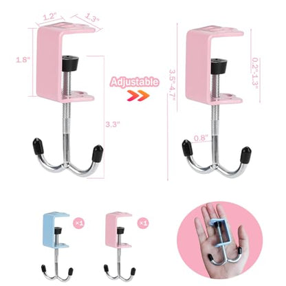 2Pcs Adjustable Purse Hooks Multi-Use Purse Hanger for Table & Desk | 100Ib Capacity Heavy-Duty Alloy Backpack Hanger for Handbag, Headphone, Umbrellas, Space-Saving Desk Organizer (Blue & Pink)