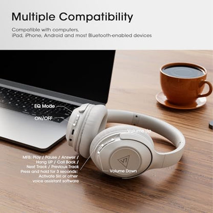 DOQAUS Bluetooth Headphones Over Ear, 70H Playtime,3 EQ Modes, with ENC Mic | HiFi Stereo Sound, Deep Bass, Soft Memory Foam Earpad, BT5.4, Headphone Wireless for Phone PC Travel Home Office, Light Grey - color: Light Gray