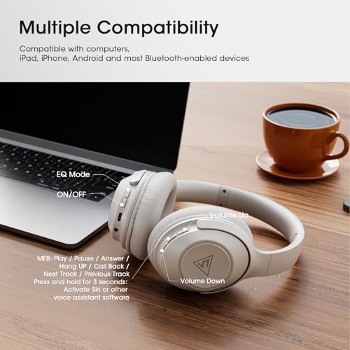 DOQAUS Bluetooth Headphones Over Ear, 70H Playtime,3 EQ Modes, with ENC Mic | HiFi Stereo Sound, Deep Bass, Soft Memory Foam Earpad, BT5.4, Headphone Wireless for Phone PC Travel Home Office, Light Grey - color: Light Gray