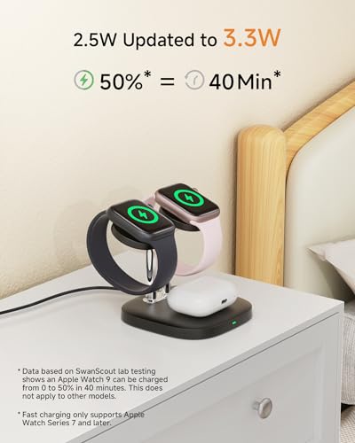 3 in 1 Dual Watch Wireless Charger Stand for Apple Watch Ultra/11 & AirPods | Dual magnetic watch charging, 5W Fast watch charge, Ergonomic design, Chrome plated plastic stand, Multi safety guard, 704A - color: Black & Silver