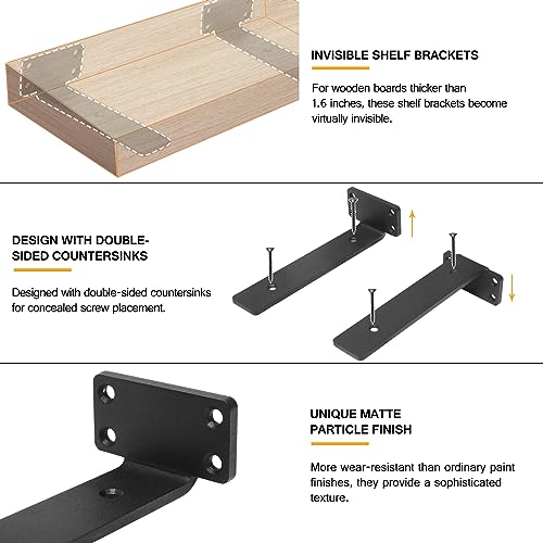 HITOMEN Heavy Duty Floating Shelf Brackets, 8-Inch (1/5'' Thick) Hidden Shelves Hardware, Iron L Brackets, Rustic Industrial Black Metal Wall Shelving Supports, 4 Pack - size: 8 Inch, style: 4 Pack