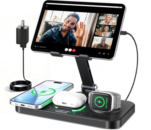 6 in 1 Wireless Charging Station for Apple Products,Phone Charger Station | Foldable Charging Station Multiple Devices with Clock & 7 RGB Light,Wired Charger Stand for iPad,iPhone,Apple Watch,AirPods