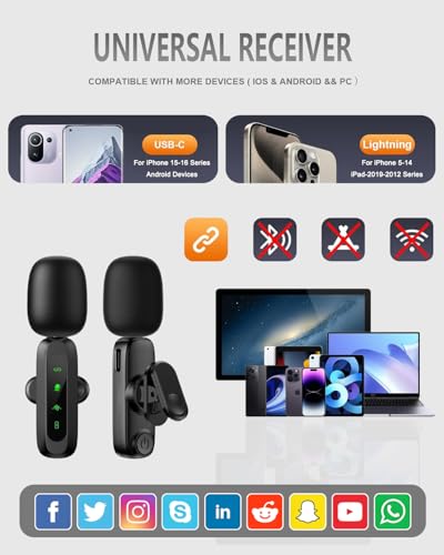 Wireless Lavalier Microphone for iPhone/Android Phone | Professional Noise Reduction Mic for Content Creators, Mini Lapel Microphones for Podcast Video Recording & Live Streaming