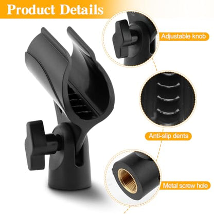 3 pcs Universal Microphone Clip Holder, Adjustable Mic Holder for Stand with 2 pcs 5/8" Male to 3/8" Female Screw Adapter for Wired Wireless Microphone Stand(black)