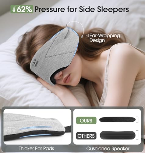 Sleep Mask with Headphones Bluetooth 5.4, TOPOINT Blackout Eye Mask for Sleeping Headphones Earphones with Soft Bamboo Cotton Cooling Breathable, HD Stereo Speaker for Side Sleepers Women Men Travel - color: Gray