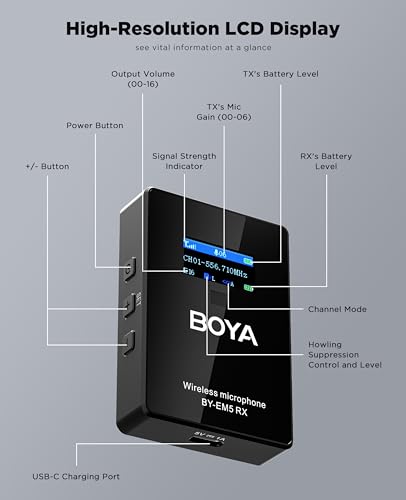 BOYA 48-Channel UHF Wireless Lavalier Microphone,LCD Screen Wireless Microphone with Howling Suppression for Online Class Recording Vlog Interview/Camera/iPhone/Speaker/Amplifier (BY-EM5 K1)