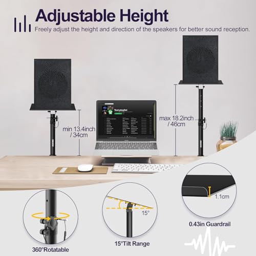 Clamp On Desktop Studio Monitor Speaker Stands Pair | Tilt & Height Adjustable, Heavy Duty, Universal Fit, for Music Booth, Subwoofer, Surround Sound, Bookshelf & Laptop
