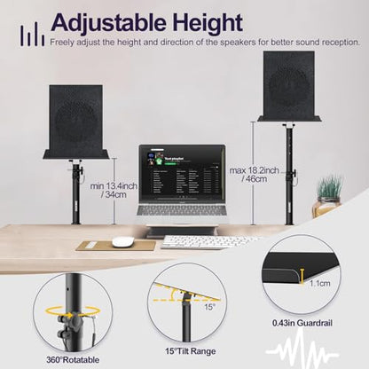 Clamp On Desktop Studio Monitor Speaker Stands Pair | Tilt & Height Adjustable, Heavy Duty, Universal Fit, for Music Booth, Subwoofer, Surround Sound, Bookshelf & Laptop