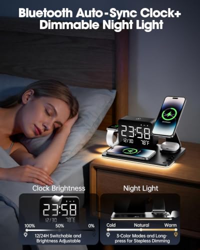 7-in-1 Magnetic Wireless Charging Station with Digital Clock & LED Lamp | 65W Power Adapter, 25W Fast Charging, 6-Device Charging Hub, Rotatable Stand, Bluetooth TimeSync, Qi Magsafe Compatible
