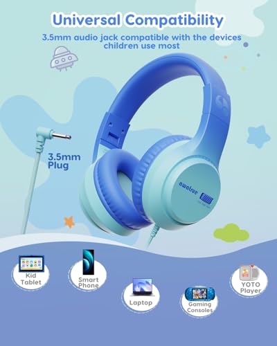 awatrue Kids Headphones for School, 74‑85‑94dB, 3.5mm Jack, HK07 | Foldable Wired Over Ear Headphones, for Toddler School/Travel/iPad/Tablet, Blue - color: Blue