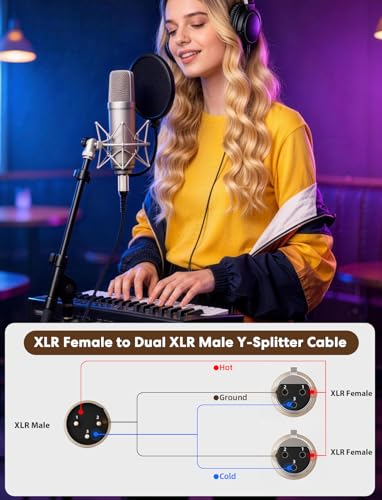 VIOY XLR Y Splitter Cable 10 FT, 3-Pin Balanced 1 Male to 2 Female Mic Cord | noise reduction shielding, self-locking XLR plug, aluminum shell,nylon braided mic cord for studio recording and podcast - size: 10FT