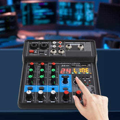 4 Channel USB Interface Mixer, DJ Controller Sound Mixer, Professional Digital Audio, Portable Sound Mixing Console for DJ, Karaoke & Streaming
