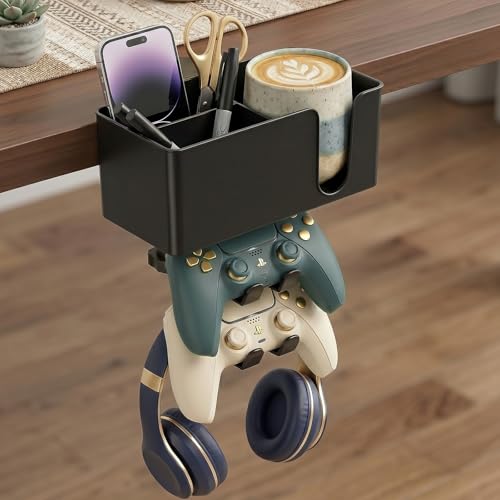 5 in 1 Desk Cup Holder Clamp, Detachable Pencil Holder | with Rotating Headphone Hanger & Controller Holder, Desk Organizer for Cup, Pen, Phone, Gaming Office Desk Accessories - color: With Two Controller Holders