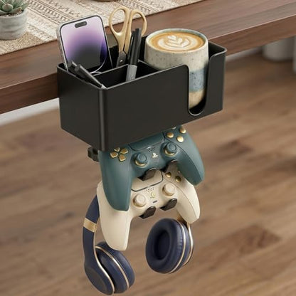 5 in 1 Desk Cup Holder Clamp, Detachable Pencil Holder | with Rotating Headphone Hanger & Controller Holder, Desk Organizer for Cup, Pen, Phone, Gaming Office Desk Accessories - color: With Two Controller Holders