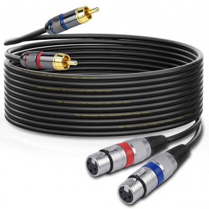 Dual XLR Female to Dual RCA Male Phono Cable Adapter, 15 Feet Balanced 3pin XLRF to Unbalanced RCA Speaker Cable, Gold Plated, OFC Shielded, Noise-Free, for Mixer, Subwoofer, Amplifier - size: 15 Feet