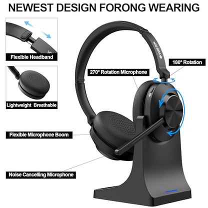 Wireless Headset with Mic for Work,Bluetooth Headset with USB Dongle | Noise Cancelling Mic,Charging base,50H Battery & Mute Button for PC,Laptop,Home Office,Zoom Teams,Remote Work,Call Center