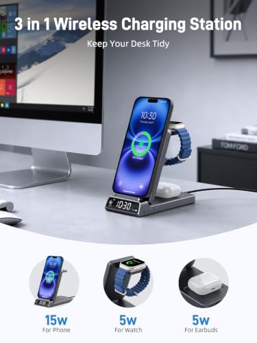 3 in 1 Charging Station for Apple, Travel Wireless Charger with Clock | ELECDOV Magnetic Charger for iPhone, Foldable Watch Charger Stand for iPhone 17/Air/16/15 Series, iWatch 10/AirPods 4 (Grey) - color: Grey