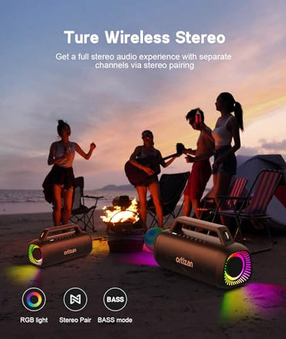 Ortizan 80W Speakers Bluetooth Wireless Loud with Bass, Waterproof, Black | IPX7, 24H Playtime, Bluetooth 5.3, TWS Pairing, Large Outdoor Speaker with Lights, Portable for Garage, Camping and Beach