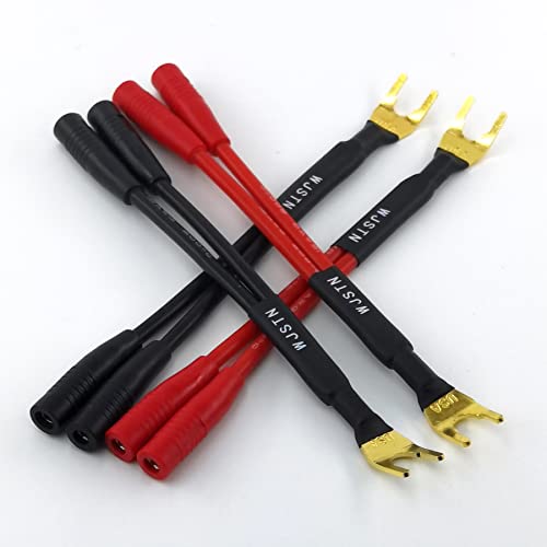 WJSTN-012 3-in Spade Plug to Two Dual 4mm Banana Plug Audio Cable adapters ，45 Degree Type Y Plug Speaker distributors 4-Pack