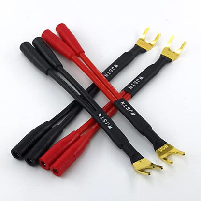 WJSTN-012 3-in Spade Plug to Two Dual 4mm Banana Plug Audio Cable adapters ，45 Degree Type Y Plug Speaker distributors 4-Pack