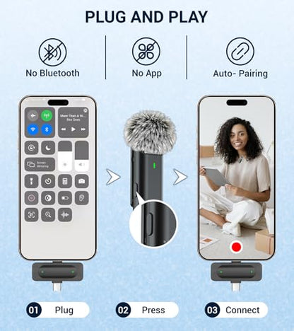 Wireless Lavalier Microphone for iPhone USB C Lav Mic for iPhone 17 16 Android Phone Microphone Video Recording TikTok Vlog Noise Canceling Clip On Microphones (Black, M6-2 in 1)
