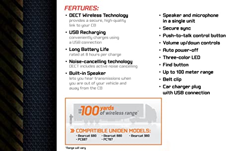 Uniden BC906W Wireless CB Microphone and Speaker in a single unit, Up to 100 Yard Range, Smart Power Save, Active Noise-Canceling Technology, Clear Quality Sound,Black