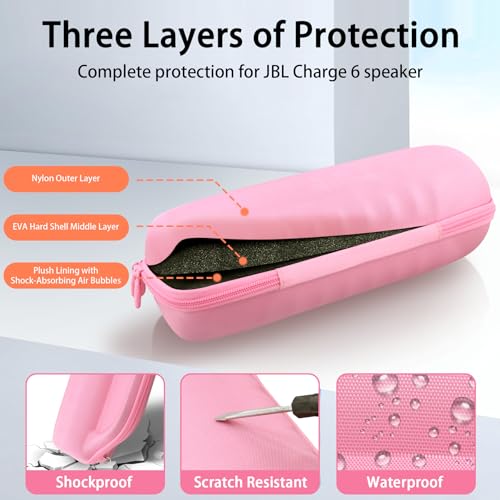 co2CREA Case for JBL Charge 6 Portable Bluetooth Speaker, Pink | High-Density Foam Padding, Reinforced Handle, Detachable Shoulder Strap, Compact Lightweight Design, Dust Protection - color: Pink Case
