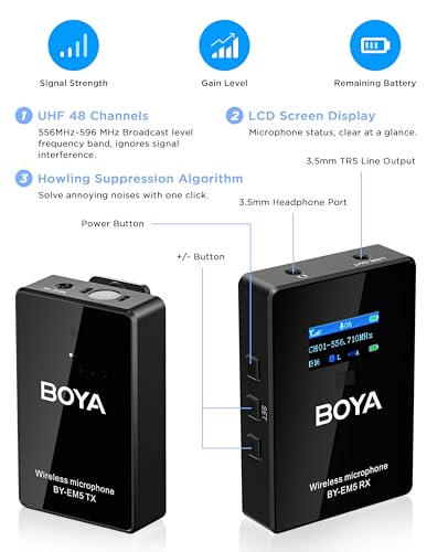 BOYA 48-Channel UHF Wireless Lavalier Microphone,LCD Screen Wireless Microphone with Howling Suppression for Online Class Recording Vlog Interview/Camera/iPhone/Speaker/Amplifier (BY-EM5 K1)