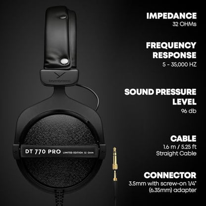 beyerdynamic DT 770 PRO, 32 Ohm, Closed Back, Over Ear, Wired Professional Studio Headphones, Mobile Recording, Podcast, Gaming, 1.6m Straight Cable, Black with Limited Edition Gray Velour Ear Pads | Closed Back, Over Ear, Wired Professional Headphones, M