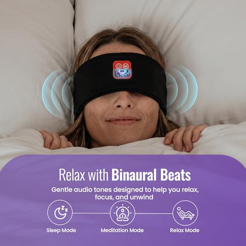 Wireless Binaural Beats Sleep Music Headband Earphones, Black | Earbuds Sleeping Eye Mask Thin HD Stereo Speakers Also for Workout, Running, Travel, Yoga, Ideal Gifts for Men Women Mom Dad - color: BLACK