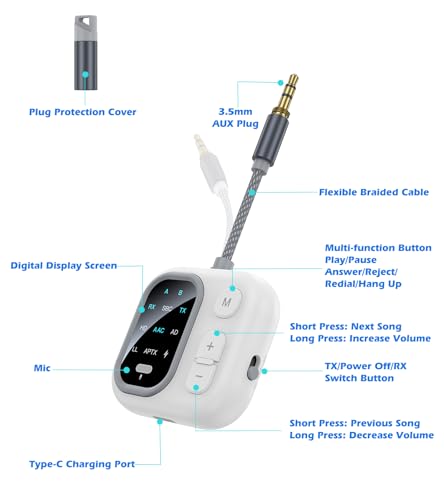 Airplane Bluetooth Adapter for Headphones AptX Low Latency | Bluetooth transmitter for TV to 2 Headphones, 3.5mm AUX Bluetooth Transmitter Receiver for Car/Home Stereo/Gym, TSNAM