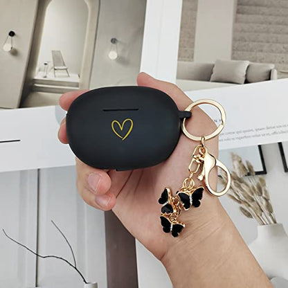 Compatible with Beats Studio Buds 2021, Soft Silicone Case with Gold Heart Pattern for Beats Studio Buds Case with Cute Butterfly Keychain for Girls Women (Black) - color: Black