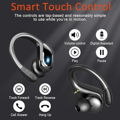 Ltinist Wireless Earbud, Bluetooth 5.3 Headphones Pure Bass Sound with Earhooks, 75H Battery Over Ear Headphones with Dual-LED Display, IP7 Waterproof Earphones Built-in Microphone for Running Sports - color: carbon black