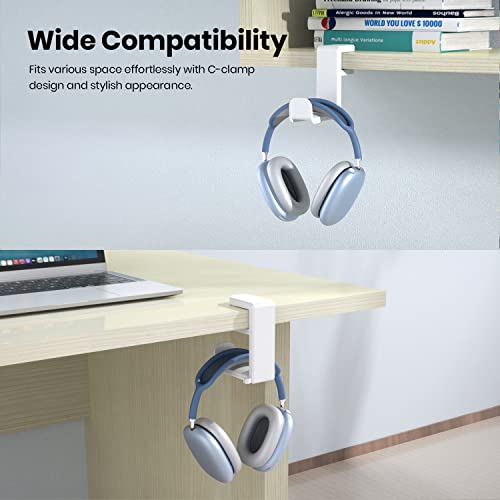 EURPMASK Rotating Headphone Stand,Adjustable Clamp-on Headset Holder Hanger | 360 Degree Swivel,Headset Hook Under Desk,No Residue,Cable Organizer,Soft Rubber Pads,Keep Headphones Secure&Desk Tidy,Black - color: White