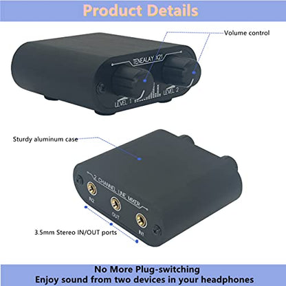 2 Way Audio mixer 3.5mm Un-powered mixer, 2 to 1 Stereo aux 3.5mm line levels control Box mini passive mixer X21