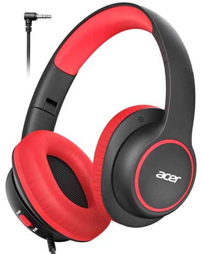 Acer OHW328 Kids Headphones Wired for School - Over Ear Design | 85/94dB Safe Volume, 3.5mm Jack Foldable Headphones for Kids Boys Girls Classroom Yoto Player Chromebook Travel Black Red - color: Black Red
