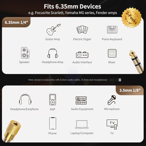 Nadadora 2 Pack 6.35mm to 3.5mm Stereo Audio Adapter Male to Female | 1/4 to 1/8 headphone jack converter for guitar, amp, mixer, speaker, earphones and AUX audio devices