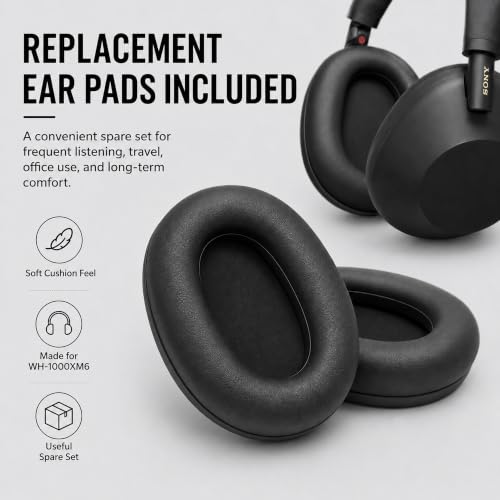 Sony WH1000XM6/B Best Wireless Noise Canceling Headphones, Black Bundle with Deco Essentials Headphones Ear Pads Replacement Headset Ear Cushions and Deco Gear Unofficial Master Guide - color: Charcoal