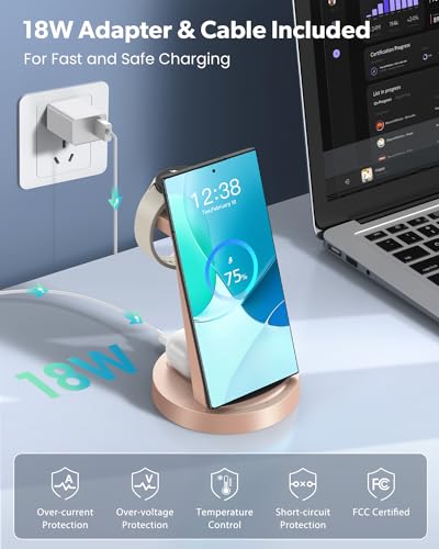 Wireless Charger for Samsung: 3 in 1 Wireless Charging Station | for Samsung Galaxy Watch 8 7 6 5 4 3 Pro S26 S25 S24 S23 S22 Ultra Z Fold Android, 18W adapter, Idea for Home Office Travel - color: Rose Gold