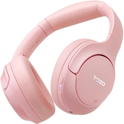 TOZO Hybrid Active Noise Cancelling Headphones, Hi Res Audio | Wireless Over Ear Bluetooth Headset, 60H Playtime, Custom EQ via App Deep Bass Comfort Fit Ear Cups, for Home Office Travel - color: Pink