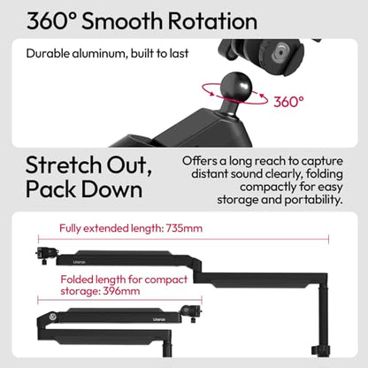ULANZI ZJ05 Premium High-Low Profile 2-in-1 Design Microphone Boom Arm with Ballhead Cold Shoe Fully Adjustable, with Cable Management Channels, Desk Clamp for Podcast Streaming Gaming Studio
