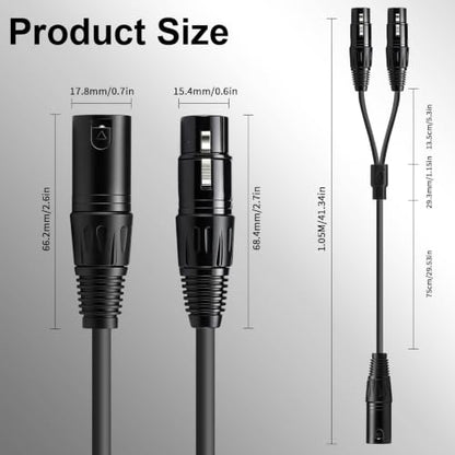 XLR Splitter Cable Male to 2X Female Microphone Cable 3ft, 2-Pack | Y type XLR Cable 25AWG Oxygen-Free Copper(OFC) Balanced Audio Splitter Cable for Micphones Mixers Speaker Systems