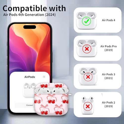 Compatible with AirPods 4th Generation Case 2024, Shockproof Cover with Golden Buckle for Women & Girls, Protective Anti-Drop Design(Cute Cherry Bow Tie Ribbon) - color: Cute Cherry Bow Tie Ribbon