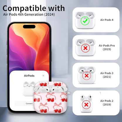 Compatible with AirPods 4th Generation Case 2024, Shockproof Cover with Golden Buckle for Women & Girls, Protective Anti-Drop Design(Cute Cherry Bow Tie Ribbon) - color: Cute Cherry Bow Tie Ribbon