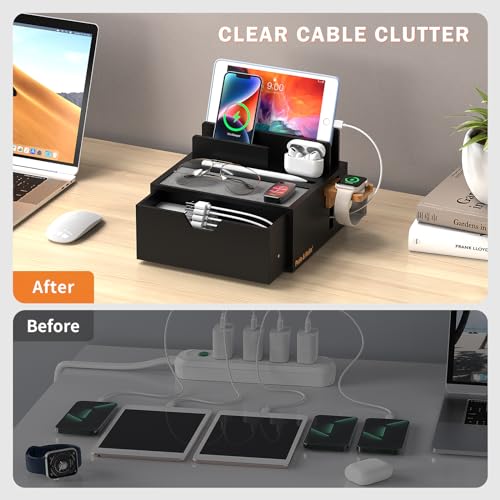 Pezin & Hulin Charging Station Dock with Charger HUB and Cables-Black | Nightstand Docking Station with Lined Tray & Drawer for Multi Device, Compatible with Tablet, Cell Phones, Watch & Earbuds - color: Black(With Charger)
