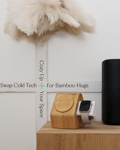 Bamboo Wireless Charger for Apple|3-in-1 Charger Stand|Cabin Style | Fast-Charging Station for MagSafe iPhone 17 16 15 14 13 12 Series, Watch 11-2, SE, Ultra& AirPods 4-2|Pro(20W Adapter)Natural